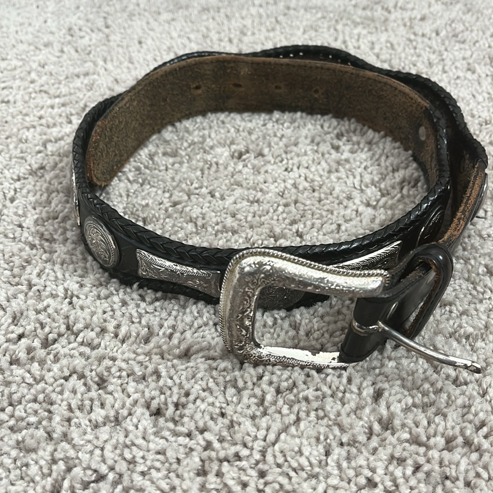 Vintage Nadim USA Western Black Leather Silver Conchos Belt 31" Long